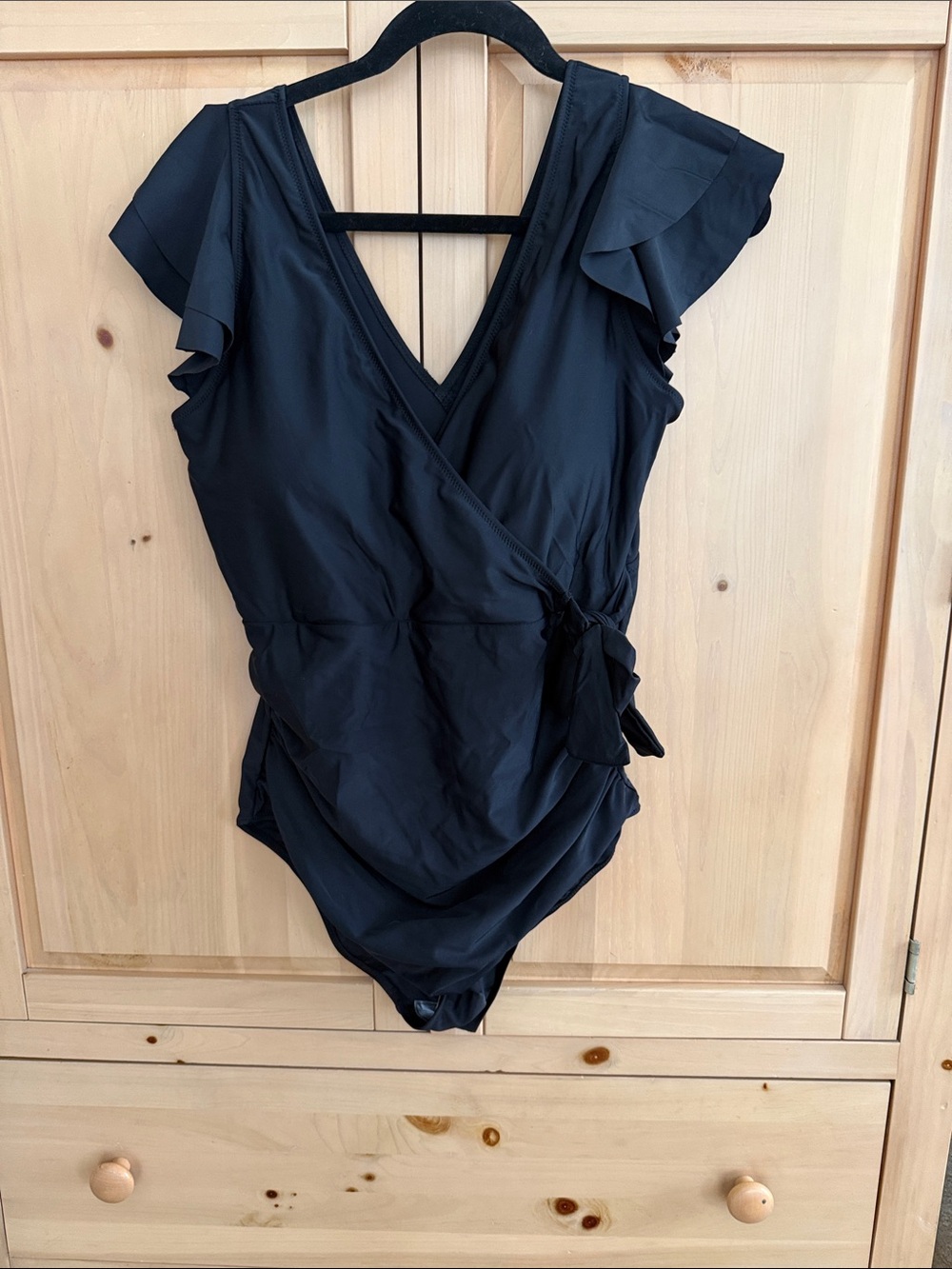 Black Ruffle-Sleeve Wrap One-Piece Swimsuit
